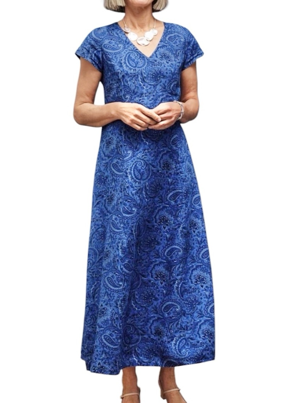 J. Jill Linen Paisley Floral Maxi Dress V Neck Boho Coastal Blue Size XS Petite